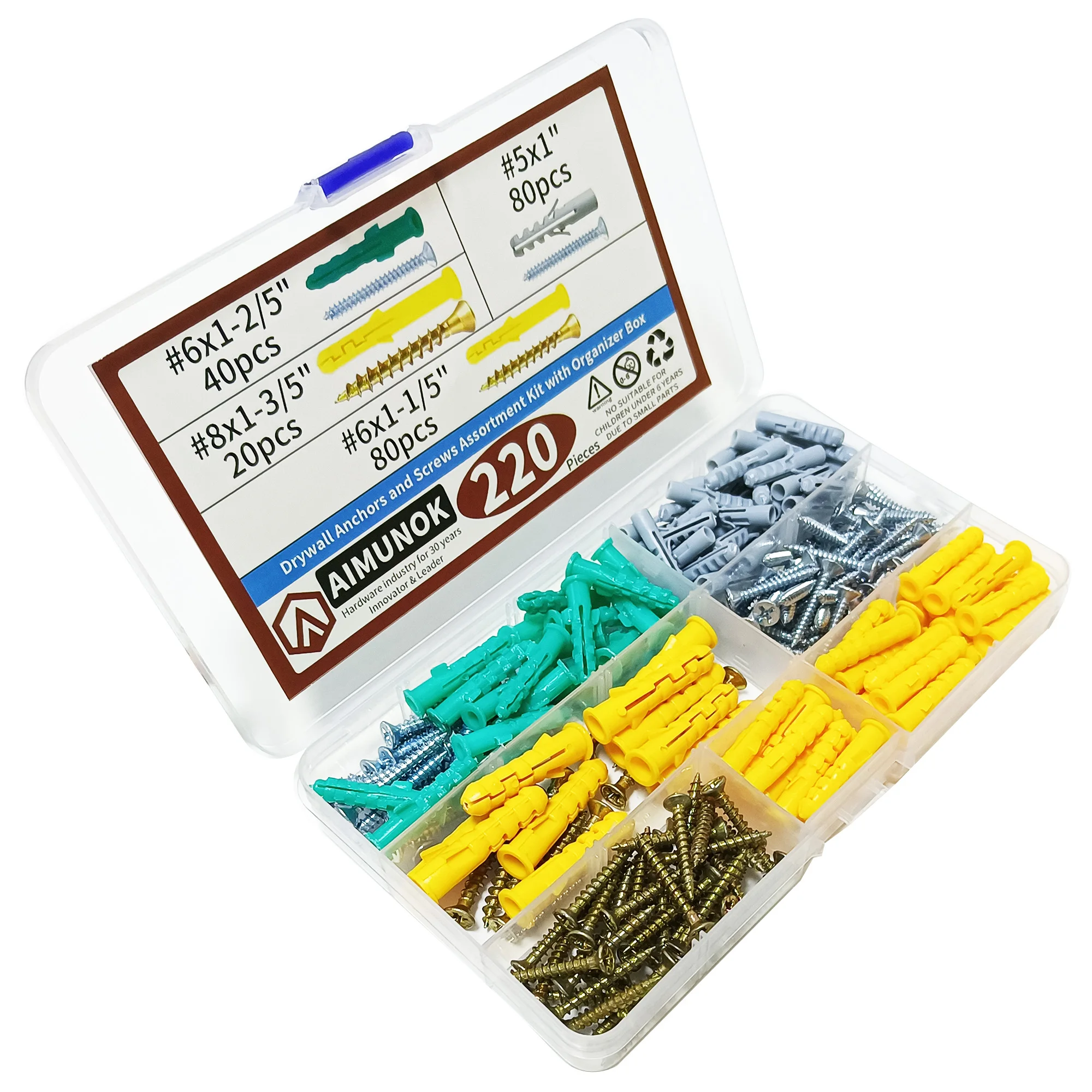 220pcs Drywall Anchors and Screws Assortment kit with Organizer Box Fasteners Tools ​#8x1-3/5\'\' ​#8x1-3/5\'\' #5x1\'\'cessories