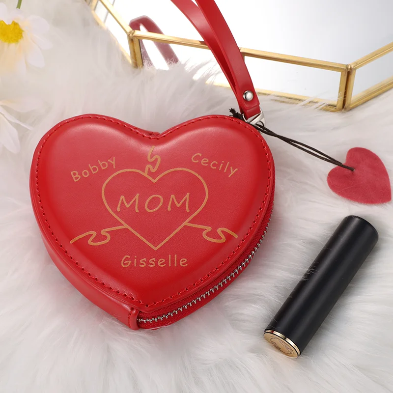Customized Name Heart Zipper High Quality PU Leather Heart Coin Purse Personalize Small Women Wallet Best Gift for Mother's Day
