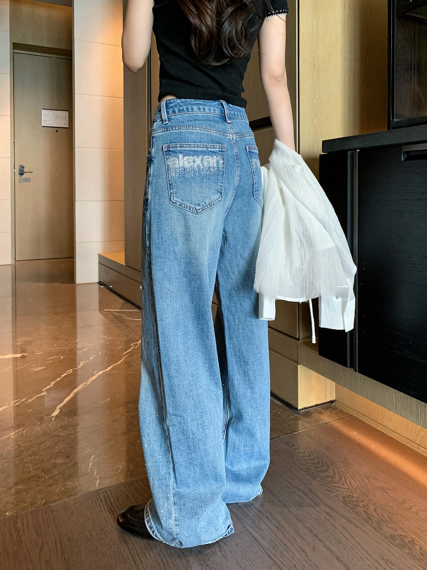 

Li Jiaen High Waist Wide Leg Denim Jeans Women's Straight Cut Glitter Letter Embroidery Slimming Spring Summer New Arrival