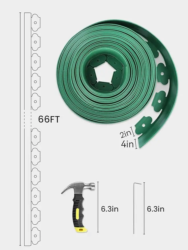 4 in Tall, 66FT No-Dig Landscape Edging, Rubberific Landscape Edging Garden Edging Border with 60 Pcs Garden Staples