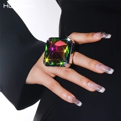 HUANZHI Colorful Geometric Square Glass Ring Rhinestone Large Exaggerated Opening Jewelry for Women 2024 New