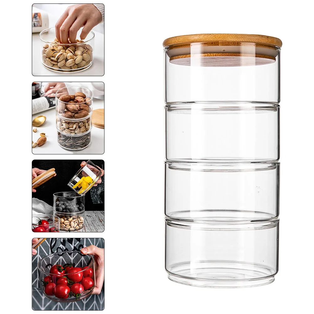 

4 Pcs Fresh Bowl Salad Dessert Sealed Jar Containers for Kitchen Bowls Bamboo Cover Insect-proof Glass