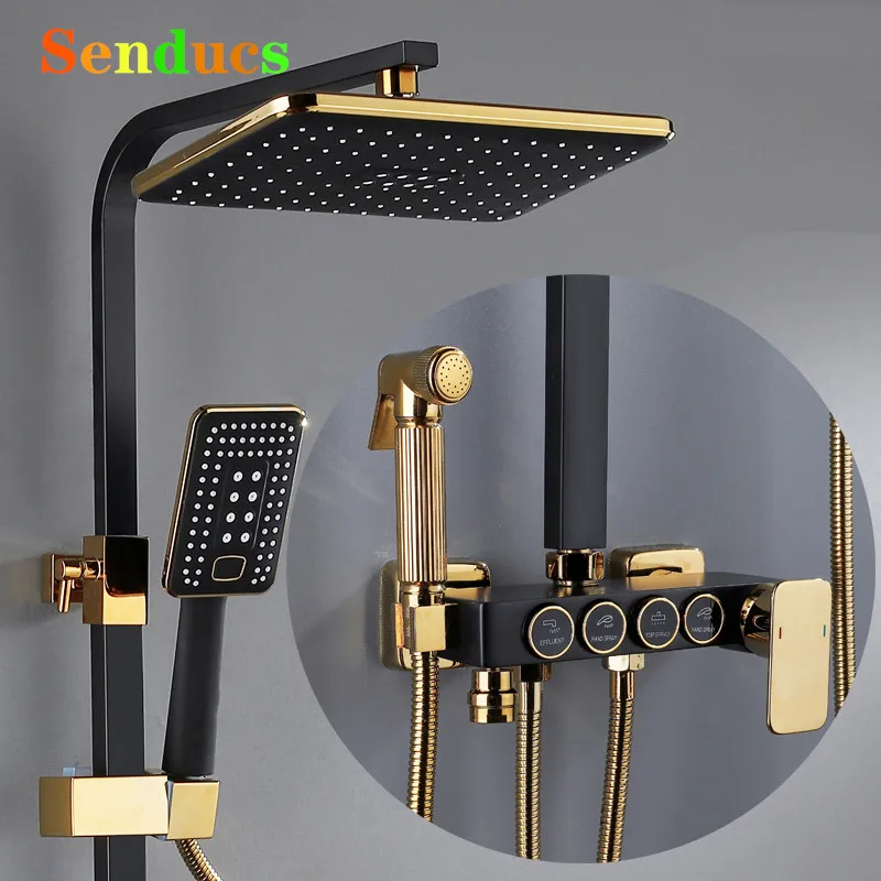 Hot Cold Bathroom Shower Set 12 Inch Rainfall Shower Head Hot Cold Bathroom Mixer Faucet Accessories Black Gold Shower System