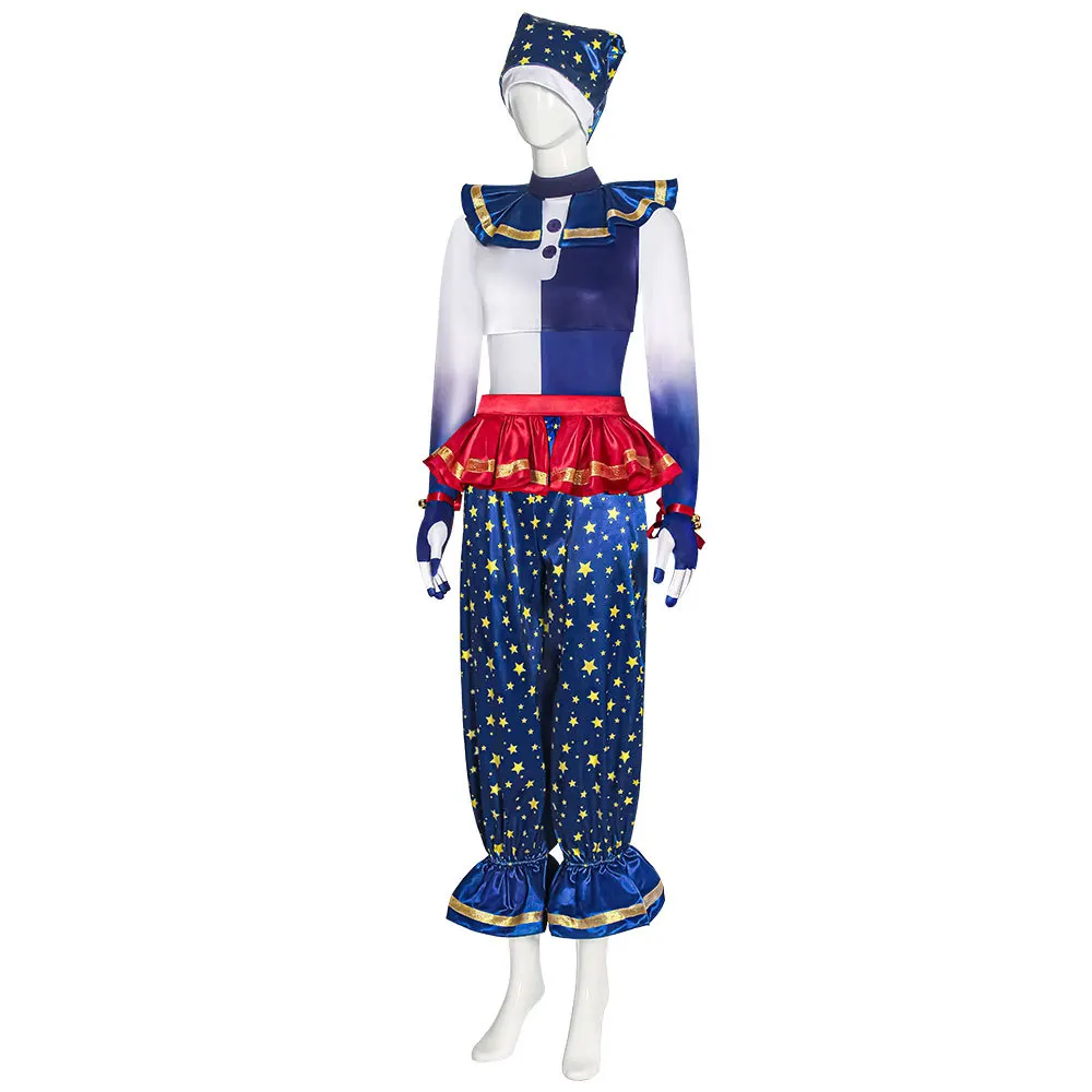 Moondrop  Clown Cosplay Costume Full Set Security Breach Game Halloween Party Role Play Jumpsuit with Hat Outfit for Adults