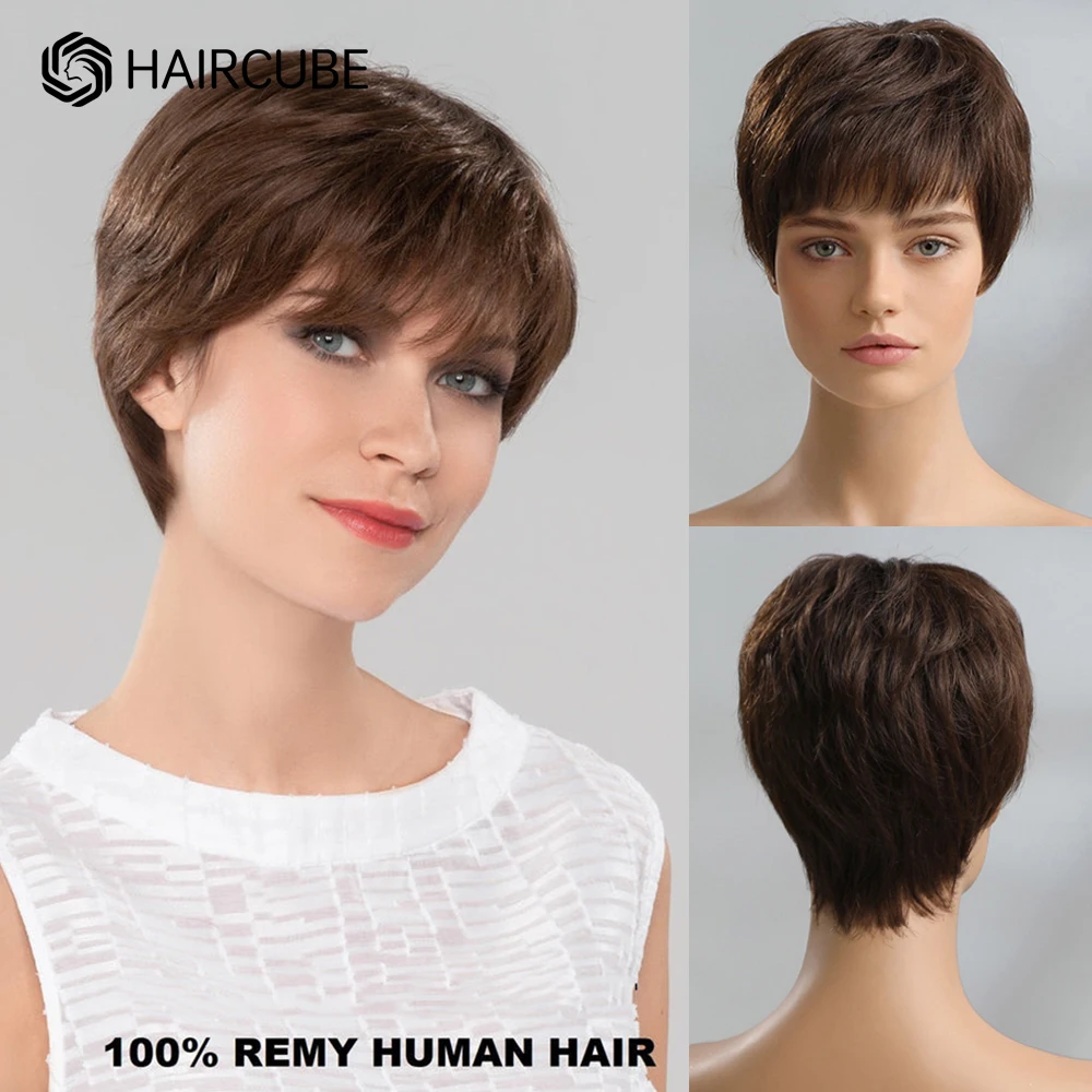 Short Pixie Cut Human Hair Wigs Brown Straight Layered Bob Wigs with Bangs Full Machine Made Remy Human Hair Wig for Women Daily