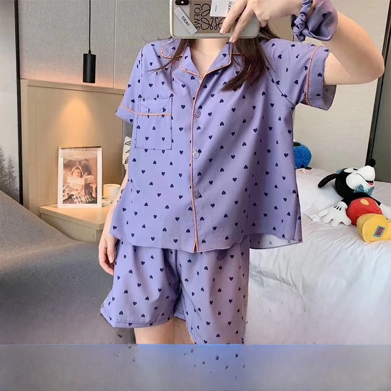 

Summer Thin Ice Silk ort Sve orts Tee Piece Set Women's Spwear Sweet Cute Sle Print Casual Home Clothes