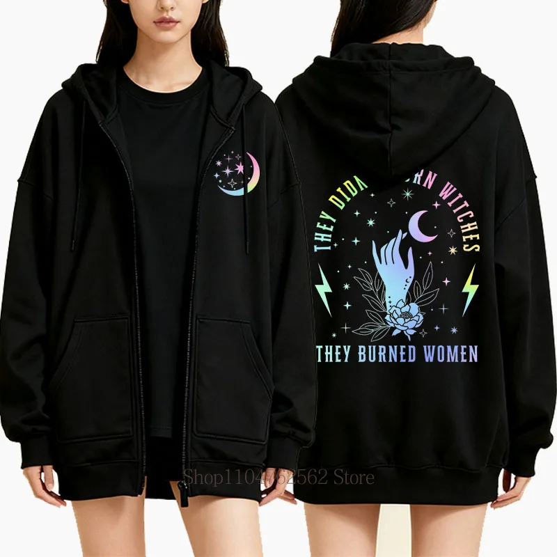 Witchy Pattern Print Zipper Hoodie Autumn Winter Women Casual Fashion Harajuku Jacket Coat Long Sleeve Fleece Zip-up Sweatshirts