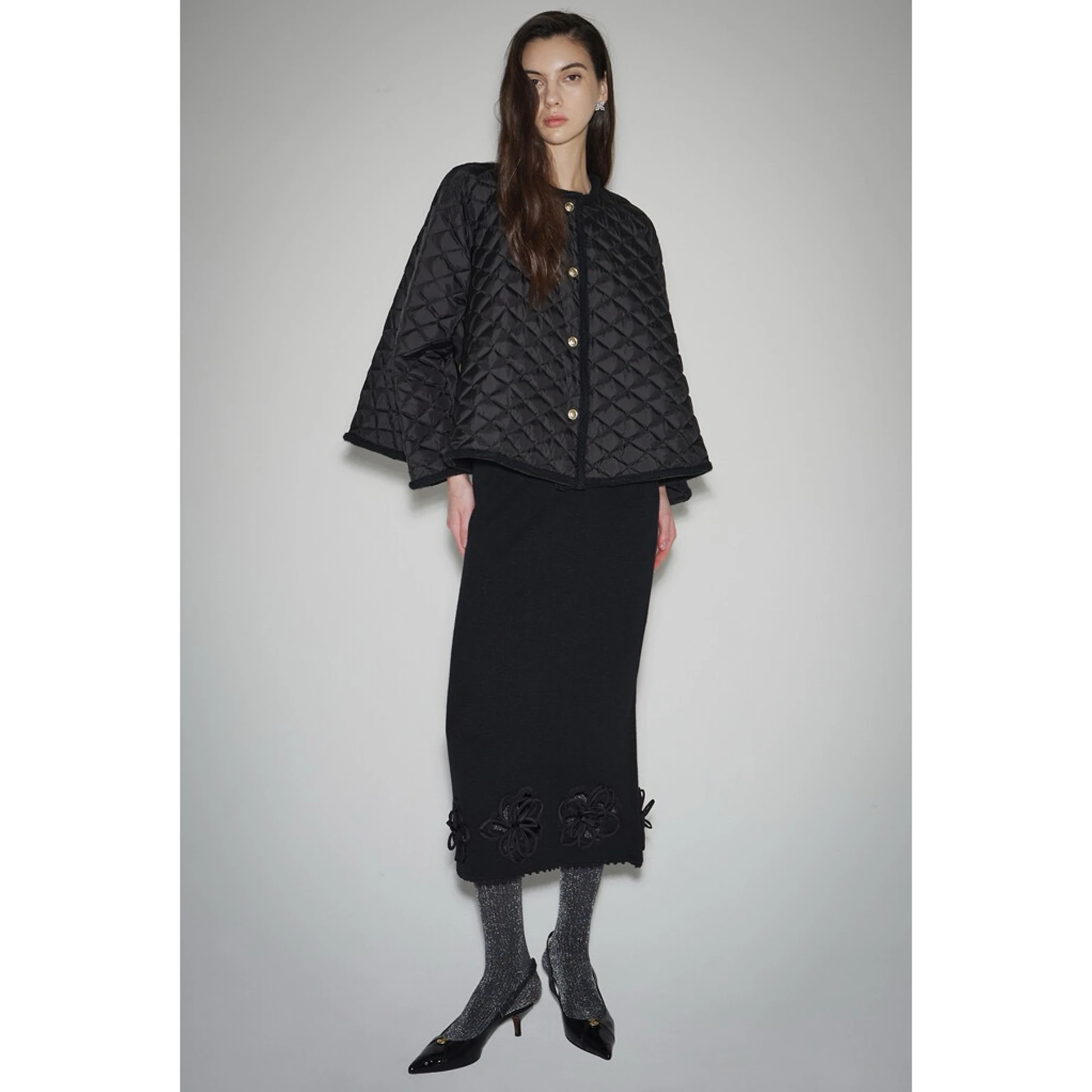 

Faionable round Ne Quilted Goose down Jaet A-Line Cloak Sle Versatile Lemon Cheese LAN25 Autumn Women's ort Coat