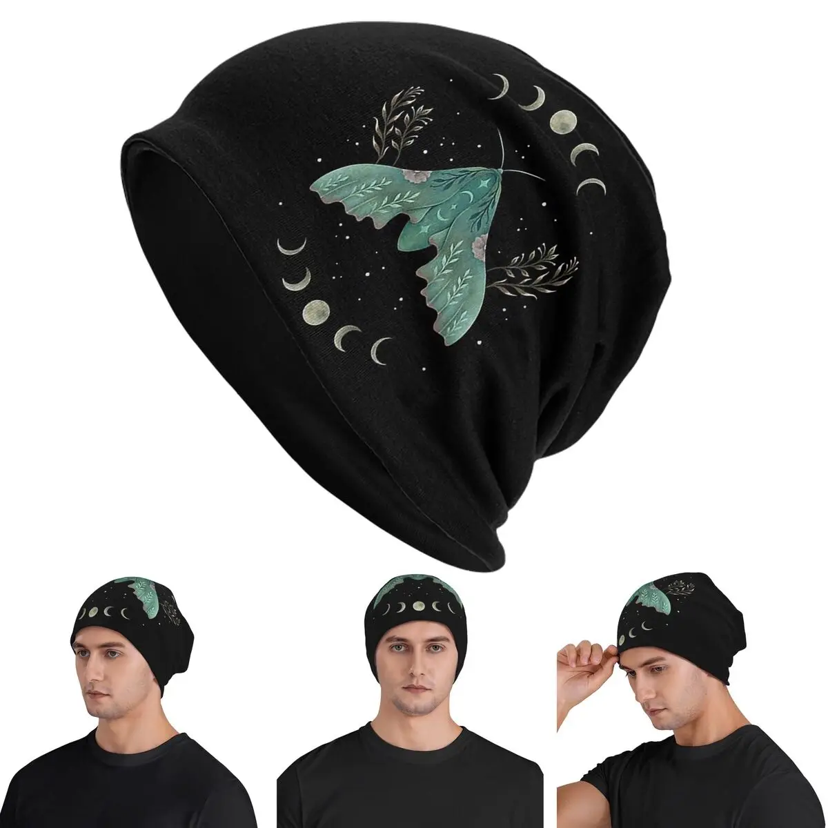 

Luna And Moth Skullies Beanies Hats Warm Autumn Winter Outdoor Cap Knitted Bonnet Caps for Unisex Adult