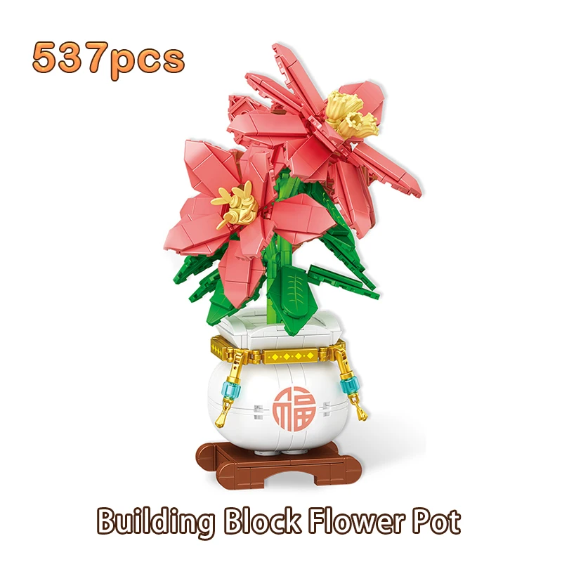 

MOC Building Block Flower Pot Lucky Bamboo Persimmon Orchid Chinese Style Bonsai Assembles Compatible Bricks Ornaments Gifts