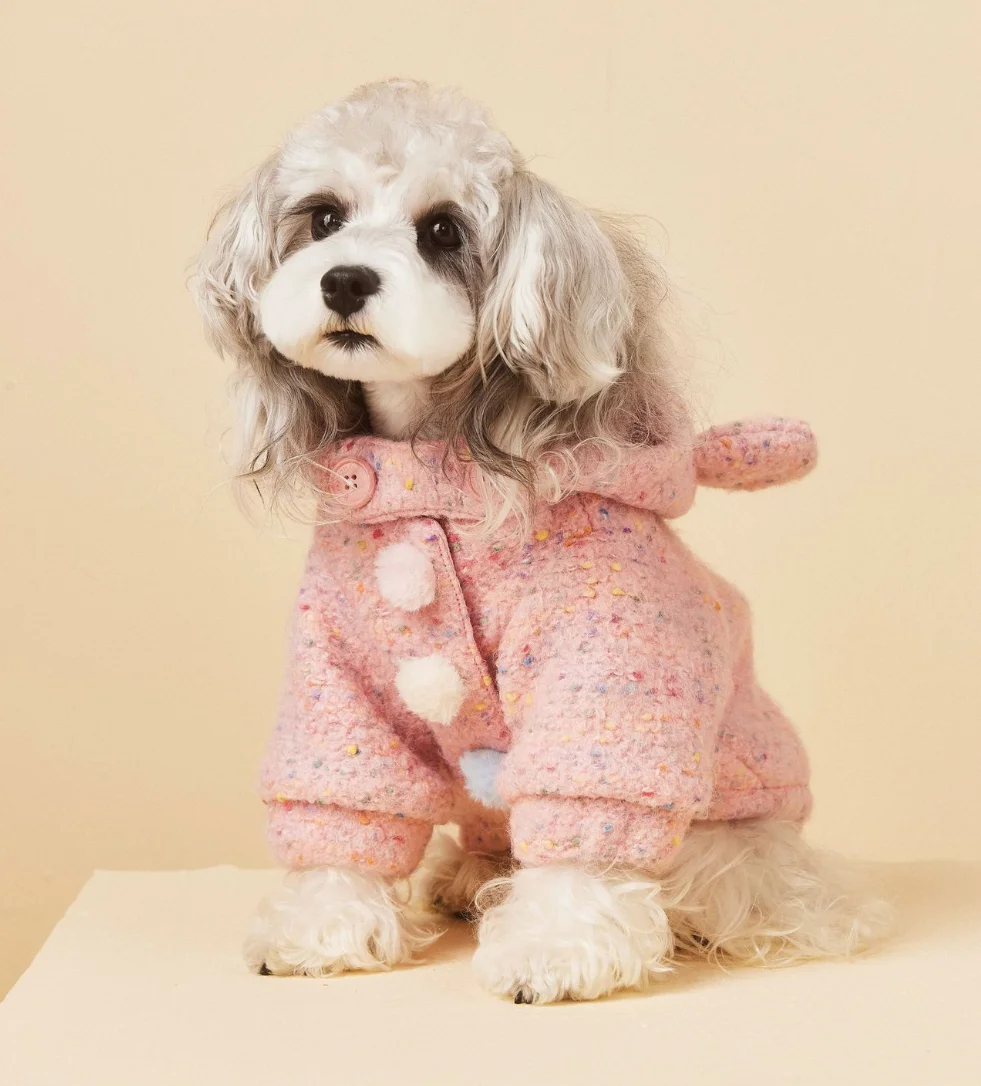

Cute Fuzzy Ball Design Winter Pet Wool Coat Pink And White Small Dog Jacket With Hat