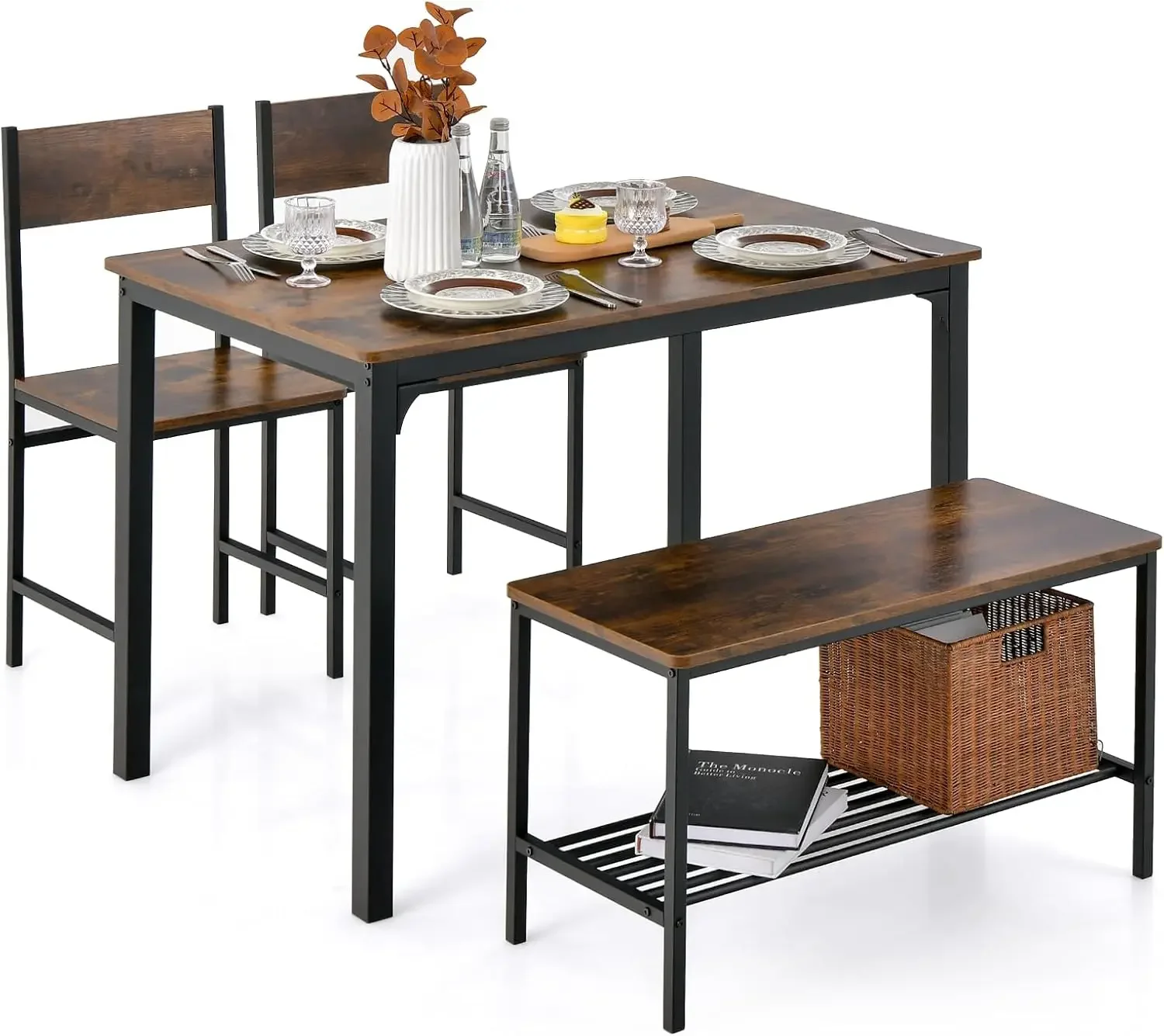 Dining Table Set for 4, Kitchen Table with Bench and Chairs, Industrial Gathering Bench Dining Set W/Metal Frame & Storage Rack