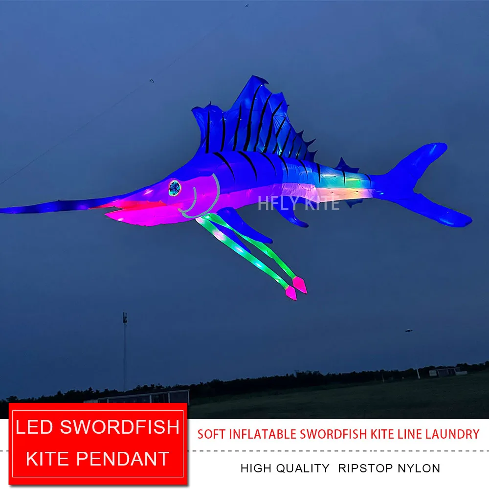 New Arrival Soft Inflatable 10m LED Swordfish Kite Pendant for Adults High Quality 40D Nylon Fish Kite Line Laundry with lights