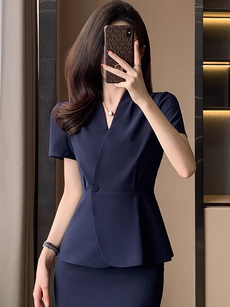 

Deep Blue Slim Fit Short Sleeve Suit Professional Front Desk Office Workwear for Women Summer Thin Polyester Business Suit