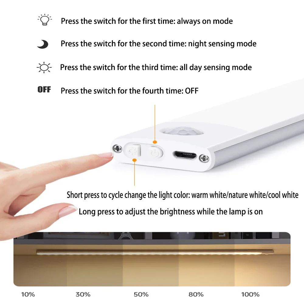 USB Rechargeable PIR LED Night Light Motion Sensor Wireless Ultra Thin Portable Lamp for Cabinet Bedroom Aisle Tube Detector Bar