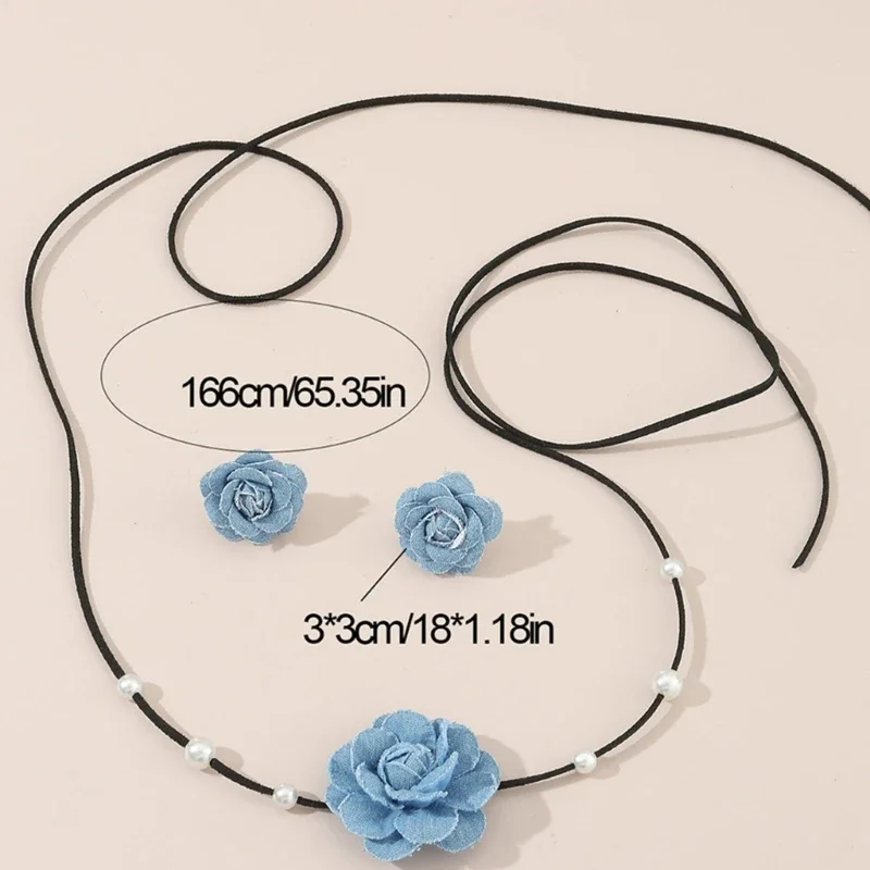 3Pcs/Set Blue Camelli-Flower Pendants Lace-up Necklace and Flower Charm Earrings Kits Fashion Jewelry for Women Girls Wholesale