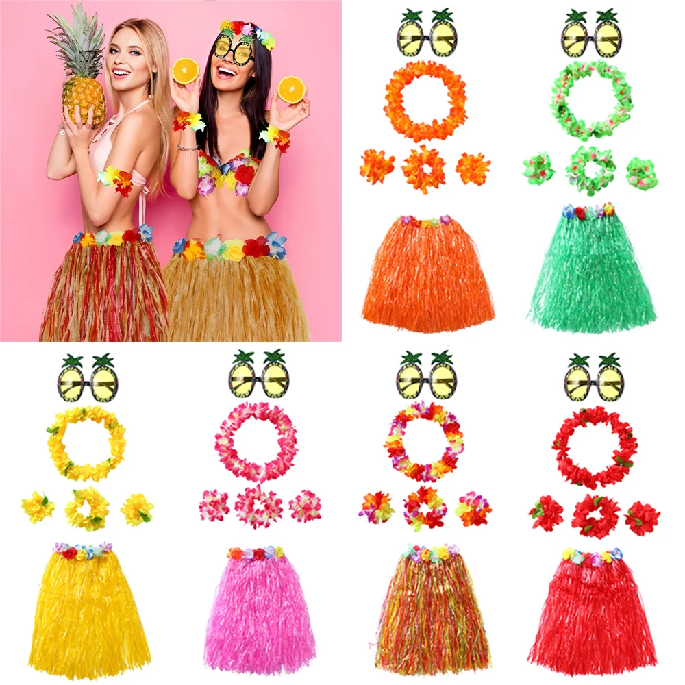 6Pcs/set Hawaiian Hula Skirt with Pineapple Sunglasses Hibiscus Leis Costume Accessory Adult Kids Luau Costume for Summer Party