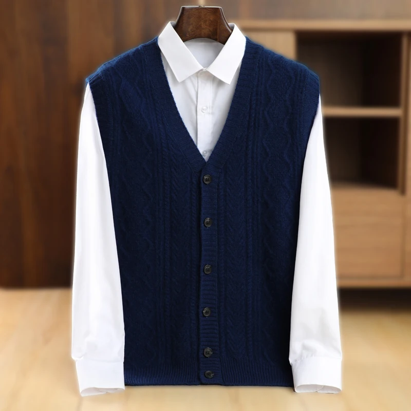 Men's V-neck Waistcoat Sleeveless Sweater Wool Cardigan Vest Autumn Winter Cashmere Twist Flower 100% Merino Wool Knitwear Tops