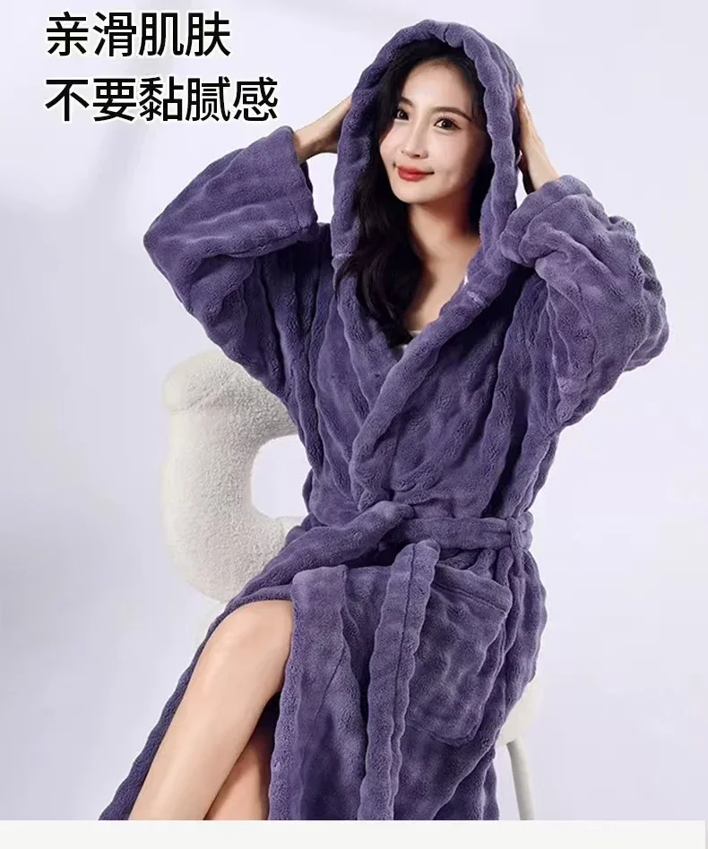 New 2026 Style 911g Women's Hooded Bubble Fleece Bathrobe for Autumn Winter. Non-Pure Cotton, Quick-Drying Absorbent. Perfect