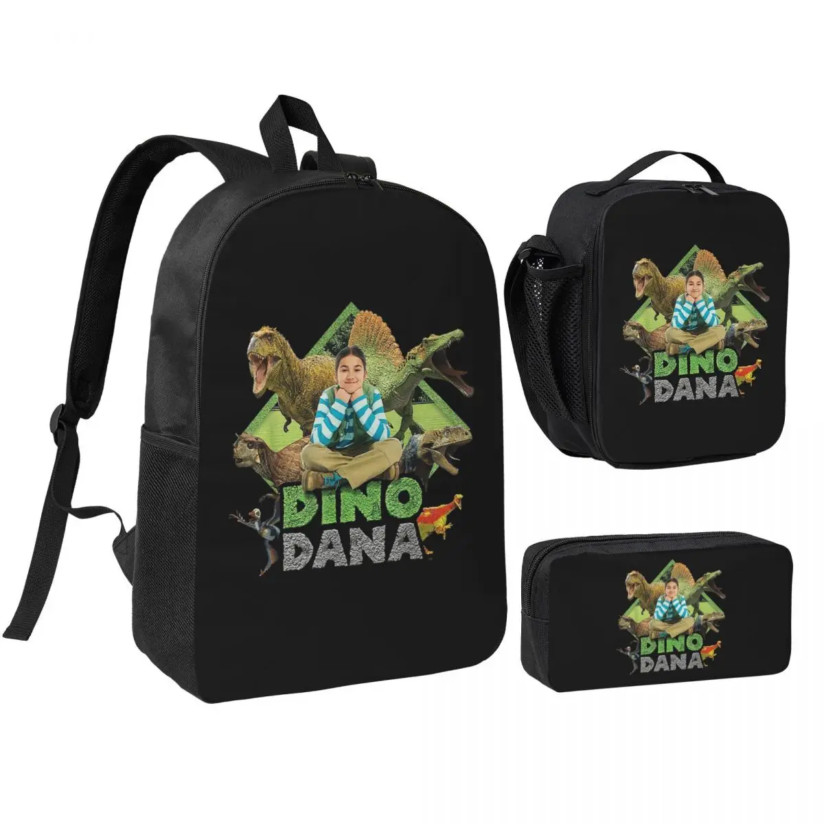 

Dino Dana Real Backpack Student Boys Girls BookBag School Bag Computer Shoulder Bags 3ps Insulated Lunch Bag Pencil Case