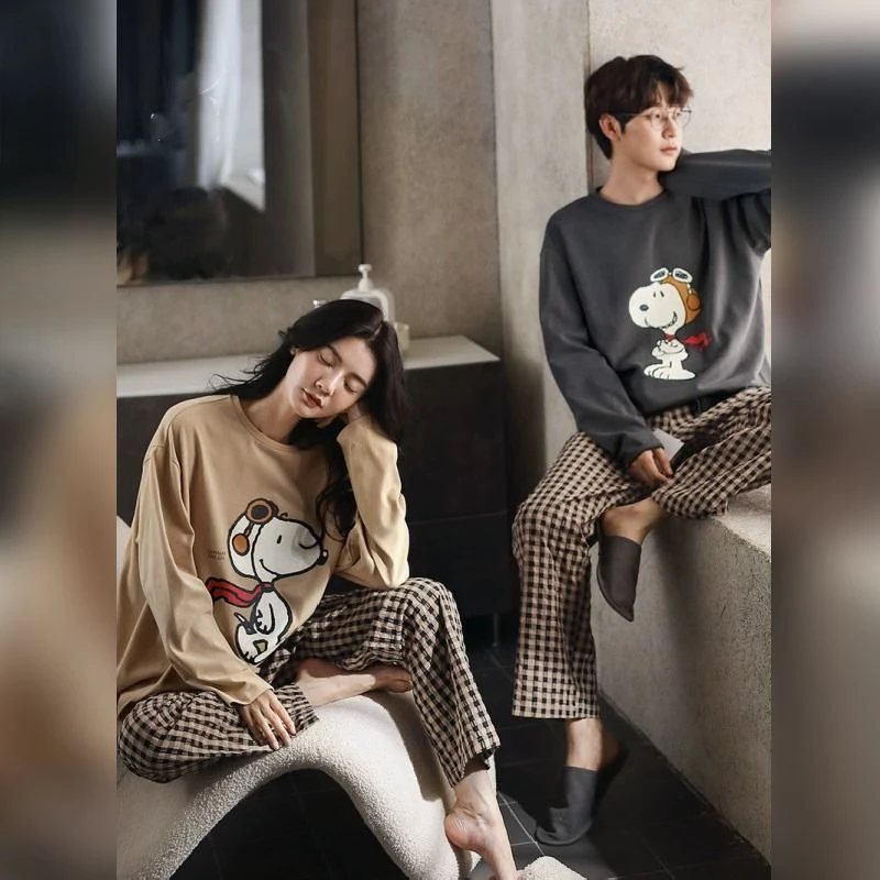 Snoopy cartoon kawaii pajamas for women spring and autumn couples new casual long-sleeved plaid pants men\'s home wear suit