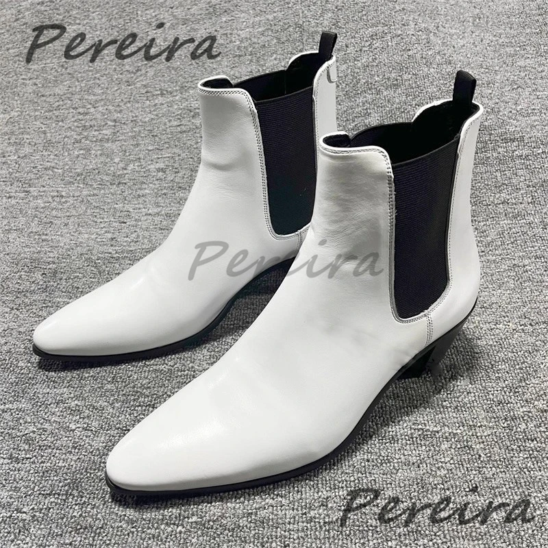 Autumn Winter New Men's Chelsea Boots White Genuine Leather Pointy Toe 6CM High Heel Short Boots Trendy Casual Business Shoes
