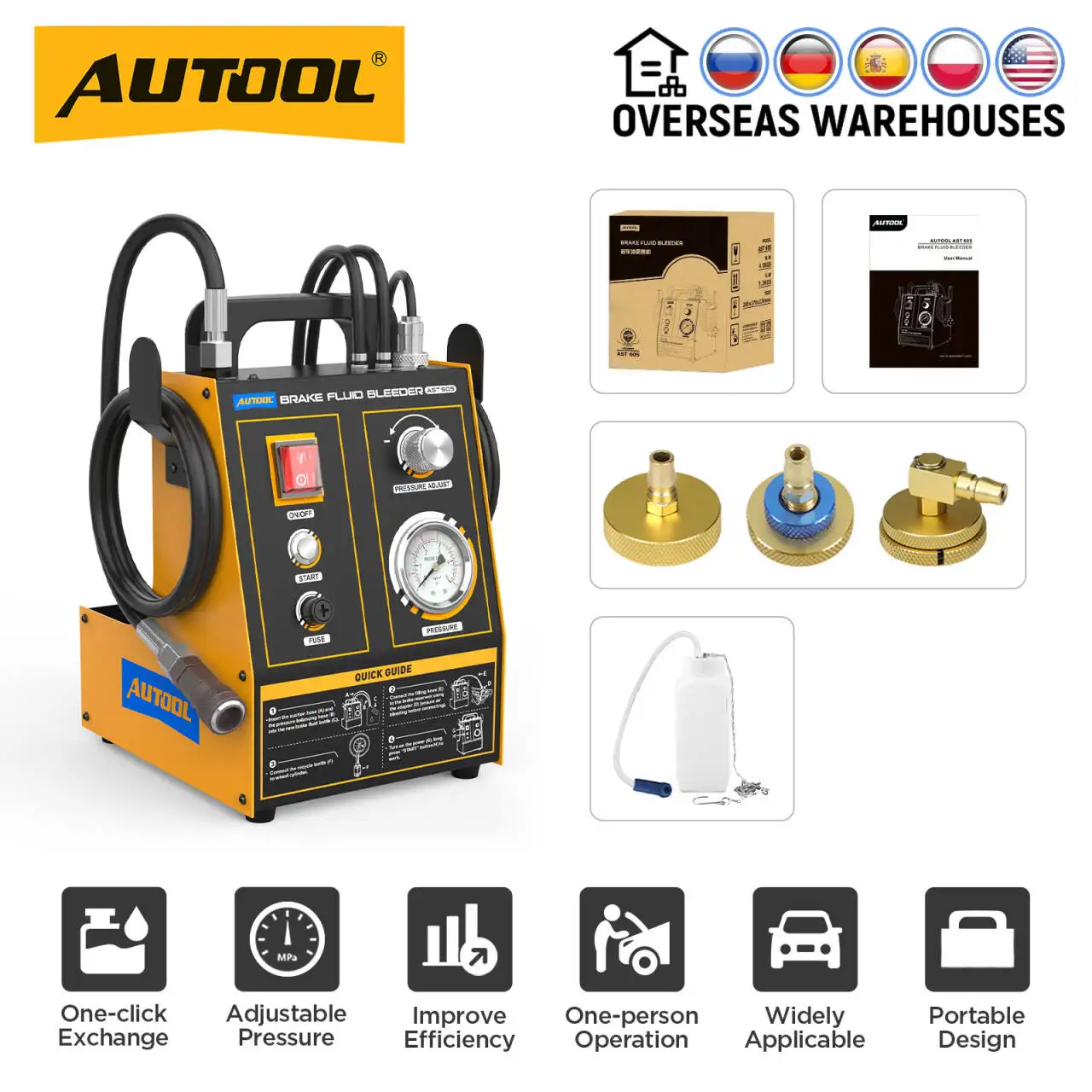 AUTOOL AST605, dispositivo per il cambio del liquido freni a pressione pulsante, kit pompa per il drenaggio del liquido freni con cilindro secondario a frizione singola, 220 V, macchina per il cambio