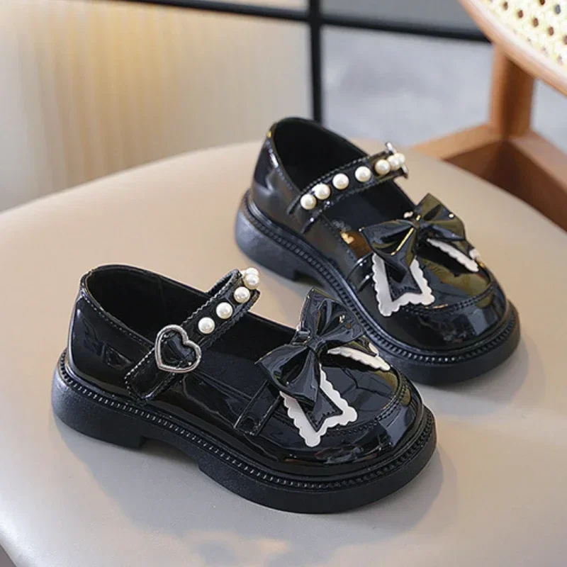 Girls Princess Leather Shoes Spring Autumn Black Children\'s Flats Fashion Sweet Kids Bowknot Mary Jane Shoes Glossy Thick Bottom