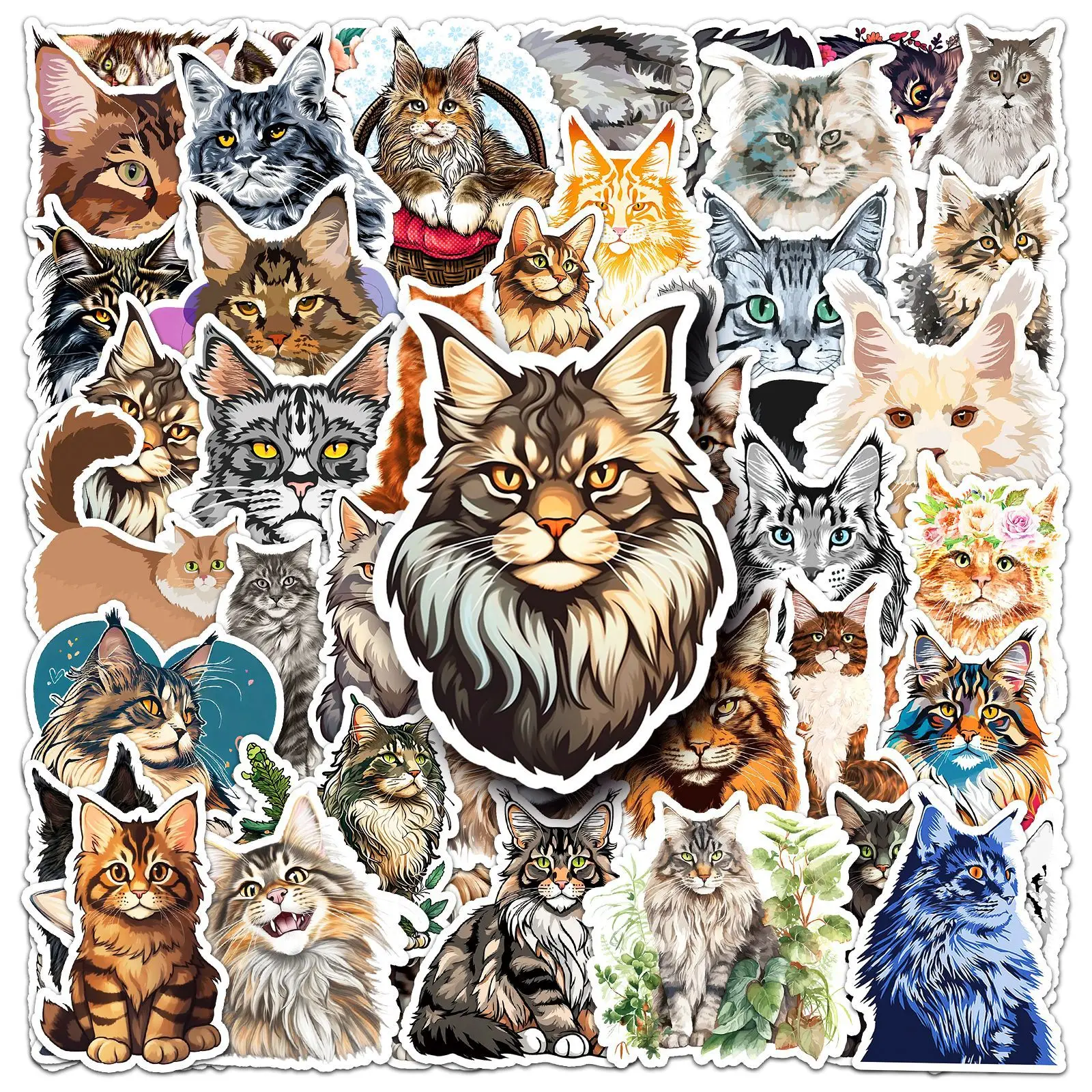 50PCS Maine Coon Cute Pet Cat Cartoon Animals Cute Doodle Decorative Laptop Suitcase iPad Water Cup Waterproof Sticker Kids Toy