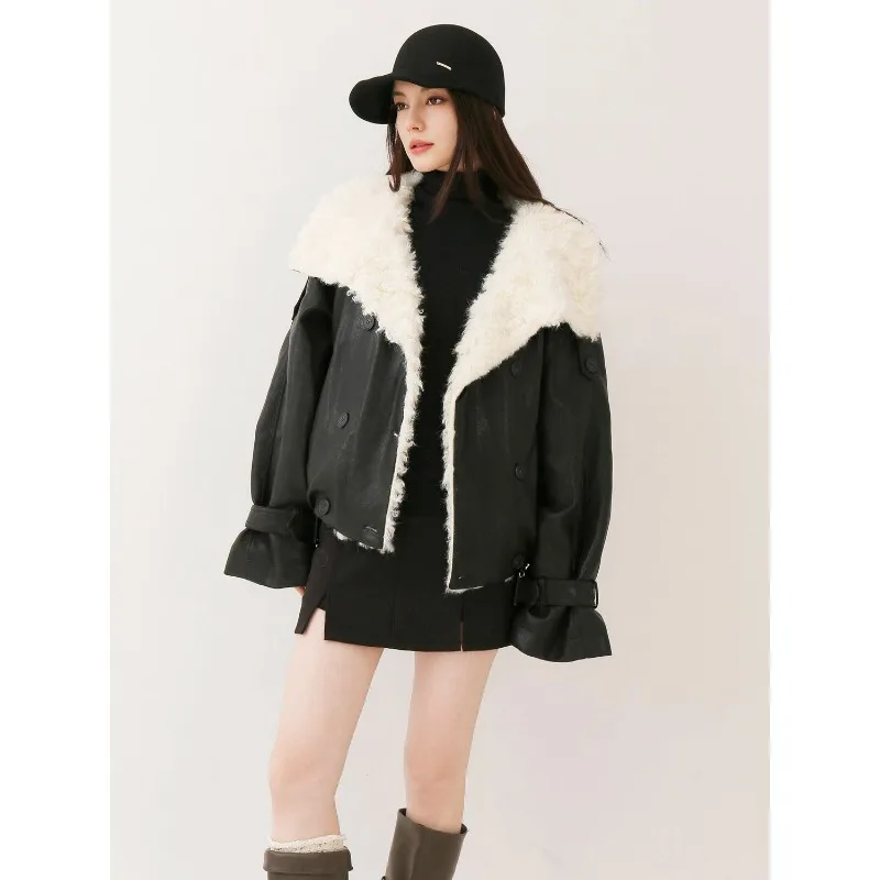 PU Leather Sheep Curly Hair Large Lapel Thickened Short Jacket Women's Winter Environmentally Friendly Fur Top Pie Overcome 2026