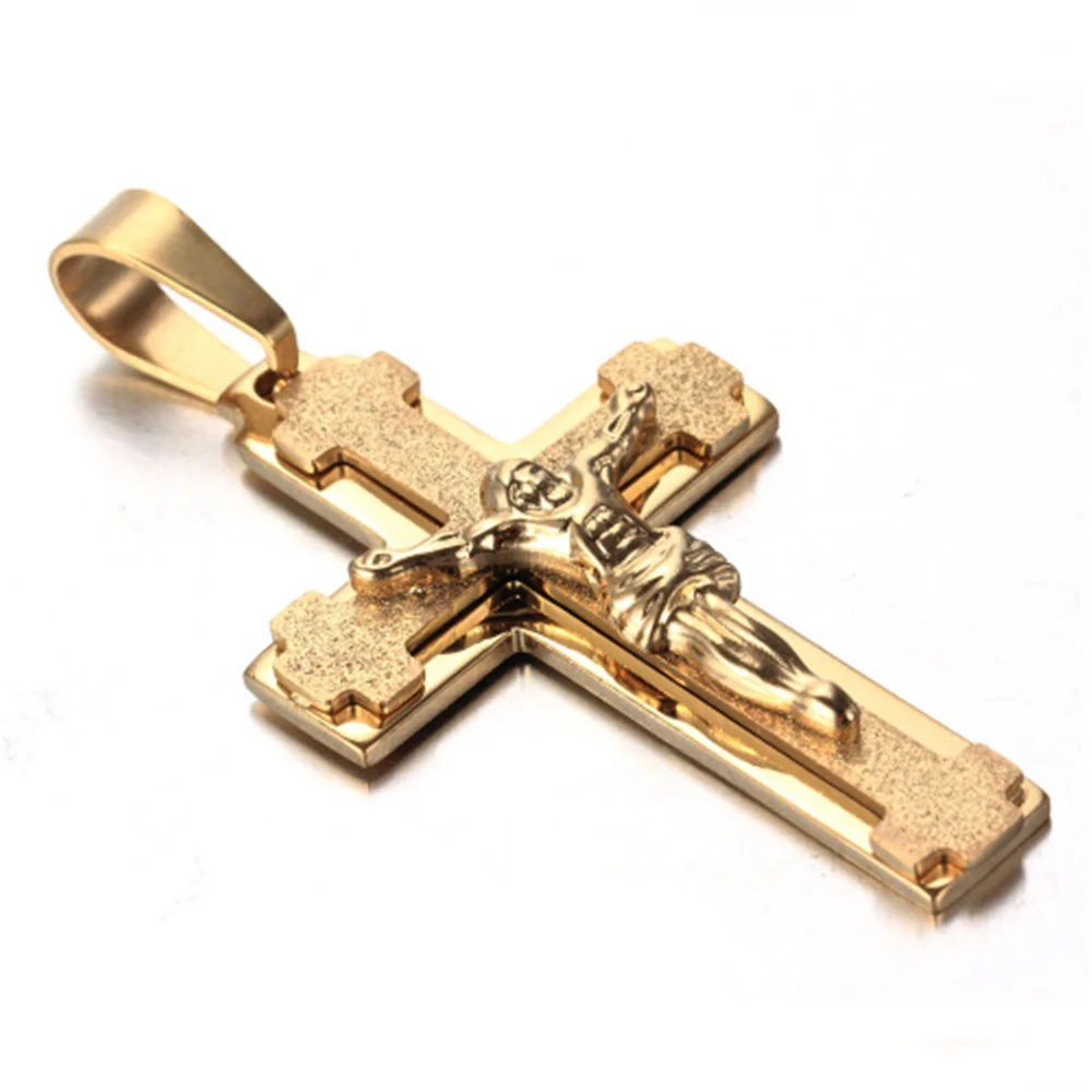 Religious Jesus Cross Pendant Men Gold Color Stainless Steel Christ Crucifix Necklaces Male Christian Jewelry Dropshipping