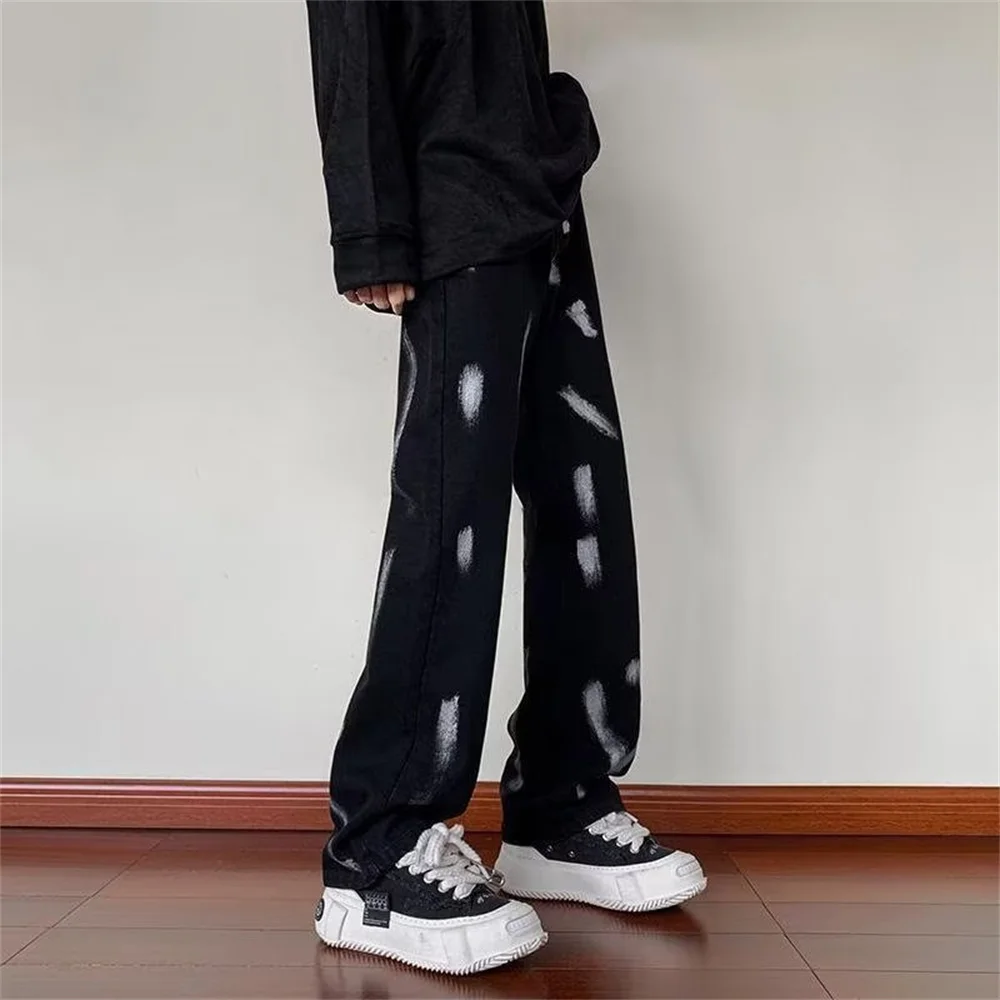 Younth Fashion Men Jeans 2022 Autumn and Winter Print Jacquard Jeans Men Mid Loose Straight Wide Leg Pants Men Clothing
