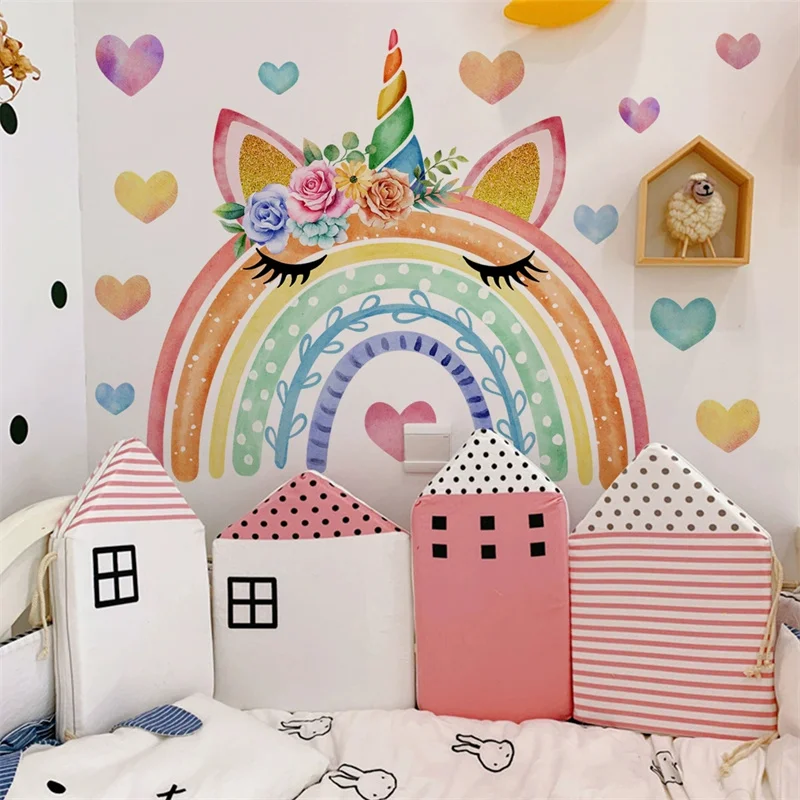 

Cartoon Rainbow Unicorn Heart Wall Sticker Children's Room Home Background Decor Wallpaper Removable Self-adhesive Wall Decals