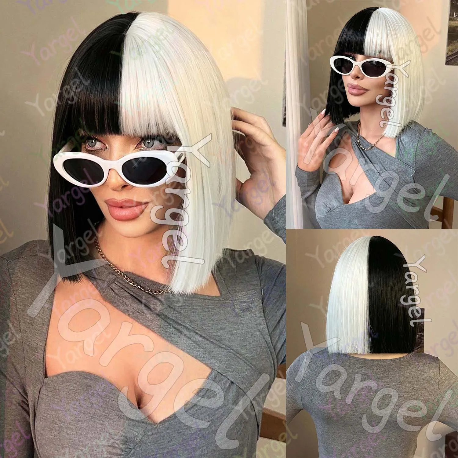 Synthetic Black White Bob Wig with Bangs, Short Straight Wig for Women, Cruella Deville Costume Wigs for Halloween Party Cosplay