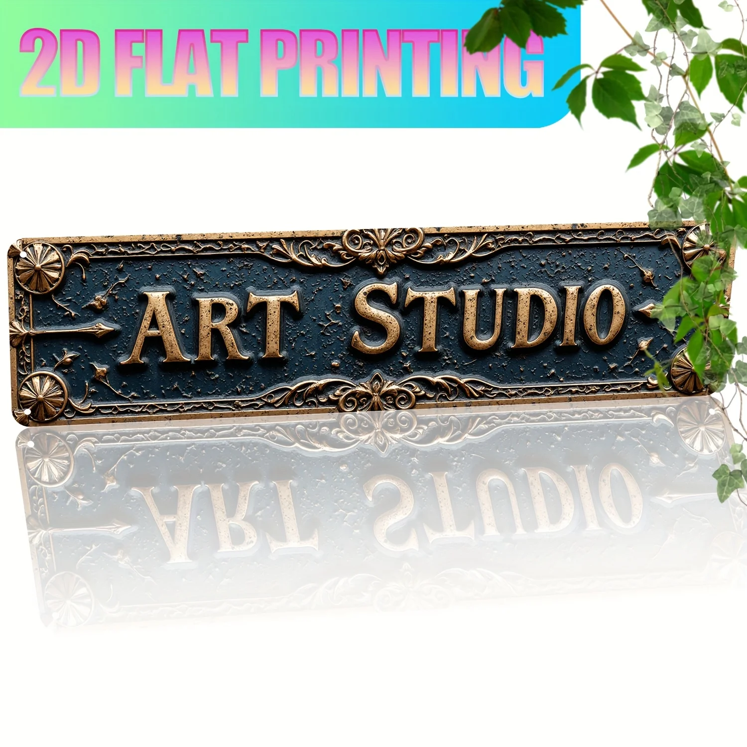 

Металлическая табличка «ART STUDIO» с 2D-печатью, винтажный декор для стен с тиснеными золотыми буквами, узорчатыми элементами и компасом