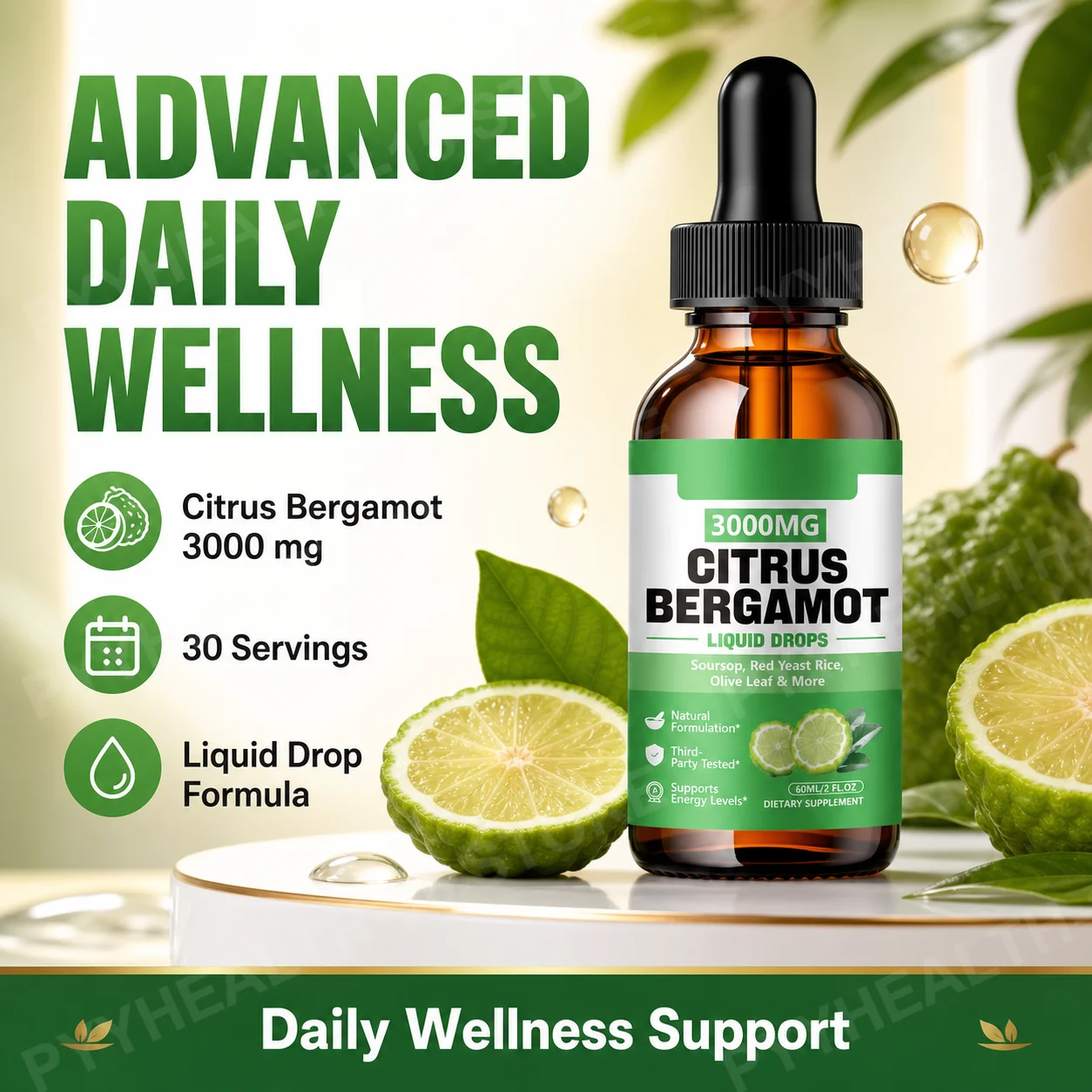 Citrus Bergamot Liquid Drops 3000mg 2 Pack with Red Yeast Rice Soursop Olive Leaf Heart Wellness Support 60ml for Adults