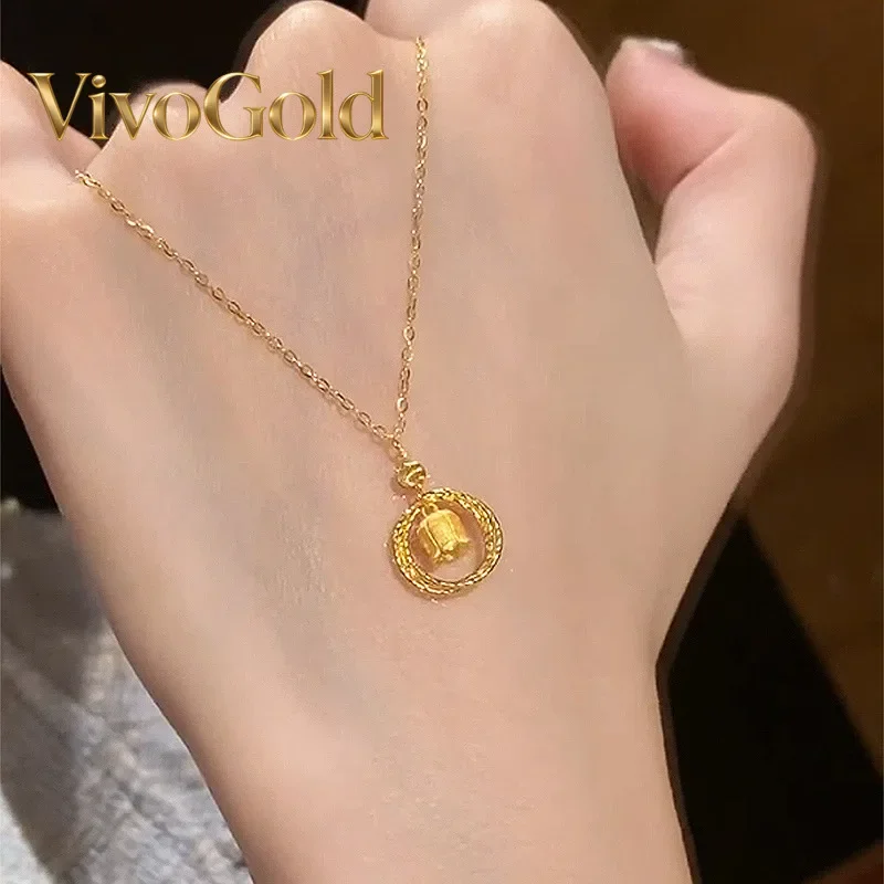 VivoGoldWomen's Luxury 9999 24K Real Gold Ringing Rocking Lily of the Valley Necklace New Delicate Luxury Flower Pendant