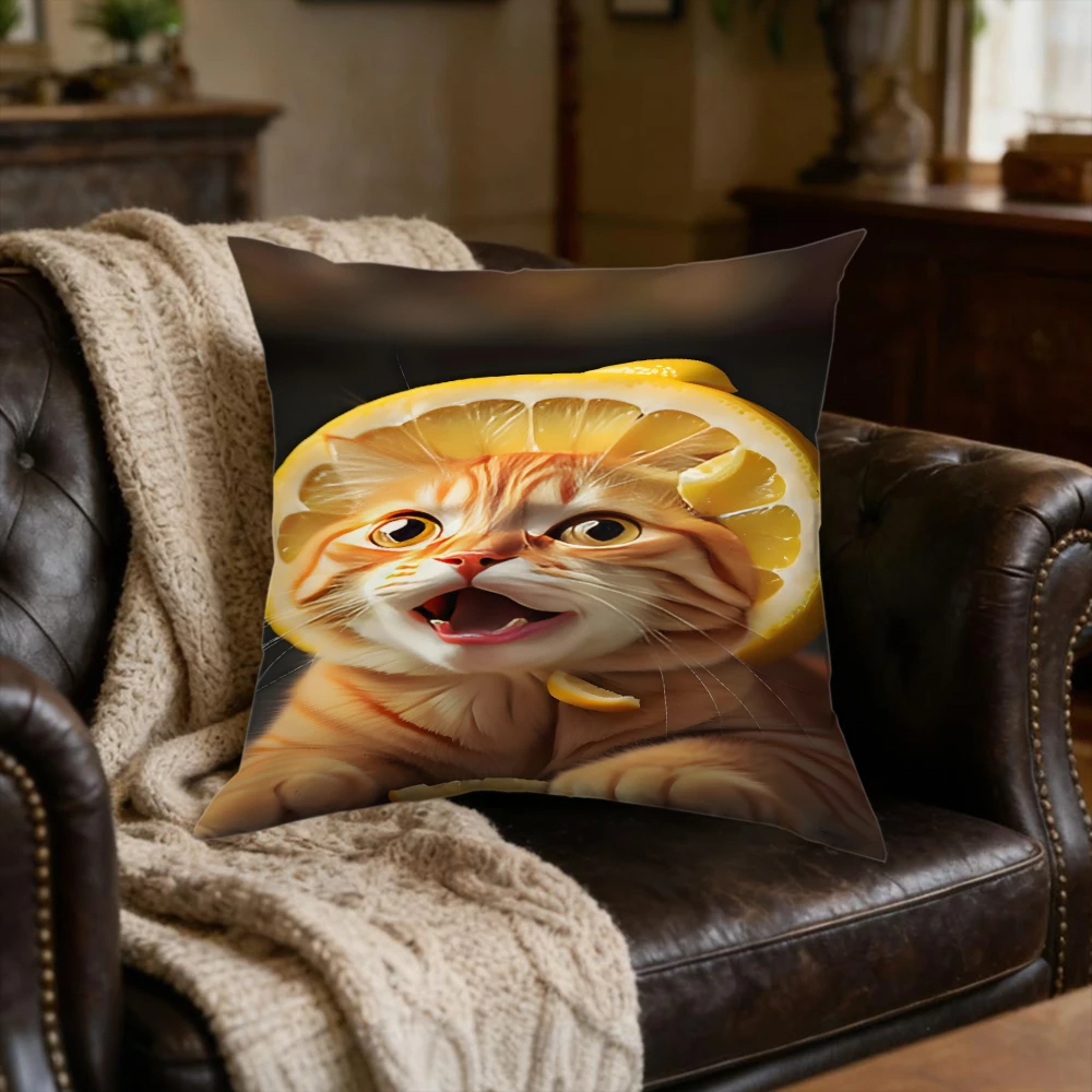 1pc Funny Orange Cat Lemon Slice Cushion Cover Yellow Cartoon Print Pillowcase For Sofa Bed Living Room Decorative Throw Case So