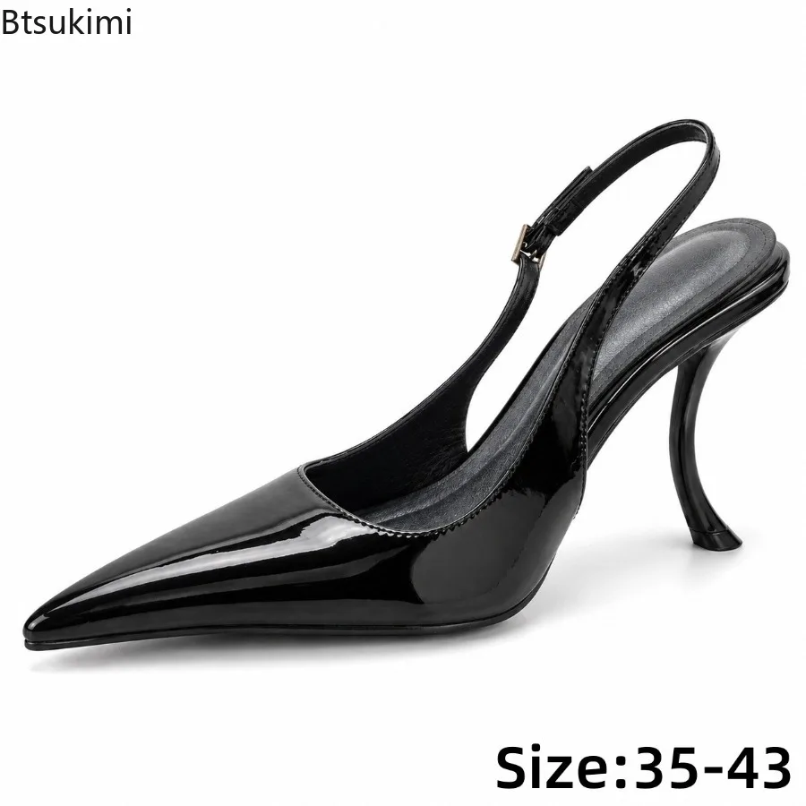 Women Luxury Elegant Glossy Patent Leather Pointed Toe Slingback High Heels Curved Stiletto Heel Evening Party Wedding Pumps