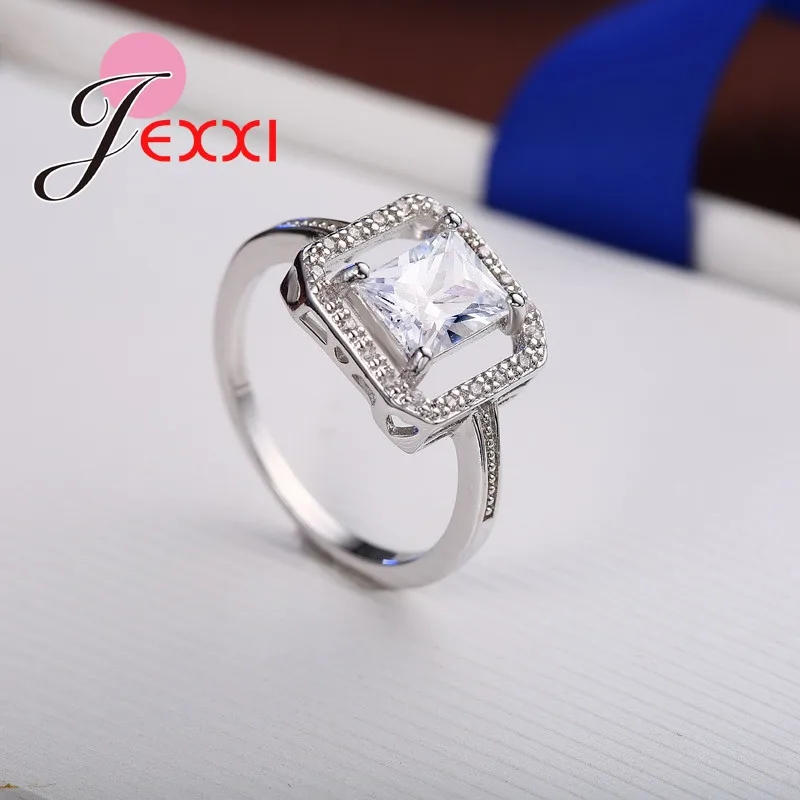 Genuine 925 Sterling Silver Geometric Square Cubic Zircon Crystal Rings for Women Girls Holiday Party Fashion Jewelry Gifts