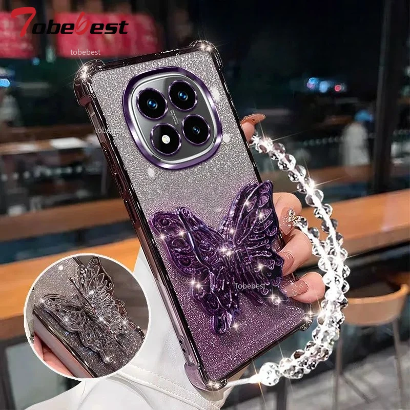 

Shockproof Glitter Plating Case for Xiaomi Redmi Note 15 Pro Plus 4G 5G 3D Butterfly Phone Holder Bead bracelet Back Cover