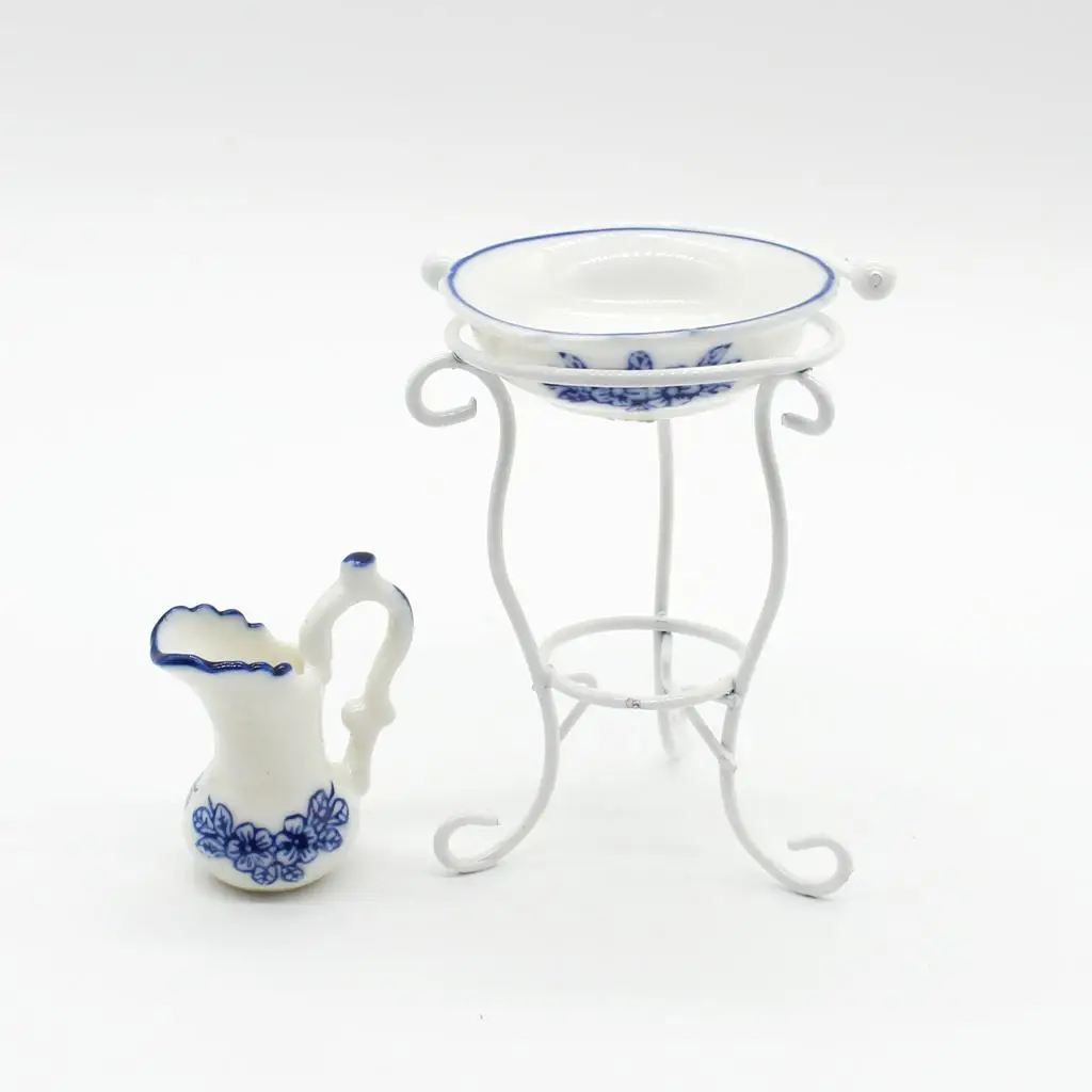 1/12 Scale Dollhouse Miniature Blue Floral Water Pot Washbasin and Rack Set