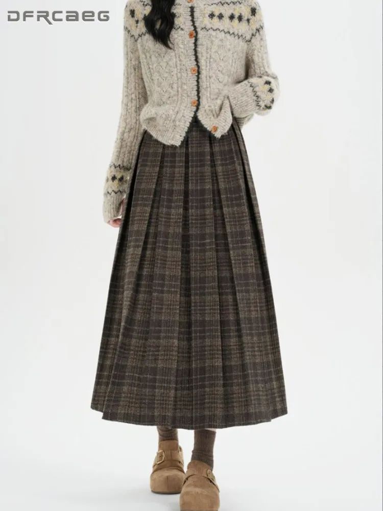 Elastic Waist Retro Plaid Pleated Woolen Skirt Woman Autumn Winter Warm Casual Big Swing Long A-Line Skirts Lady