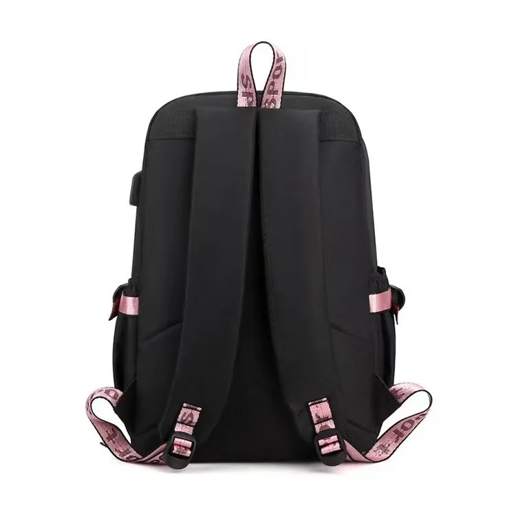 Kuromi roxo mochilas com patchwork USB para mulheres e meninas, capacidade escolar sacos para adolescentes, sacos para laptop, pendulares e mochila