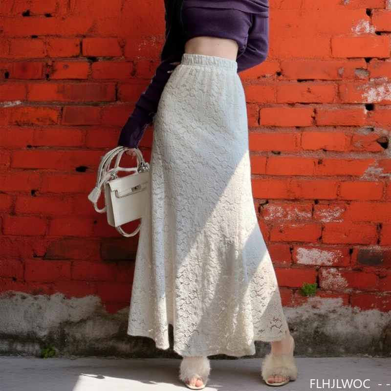 Hollow Out Lace Skirts New Year Christmas Woman Elegant Lady Birthdays Party High Elastic Waist Black Lace White Skirt Long