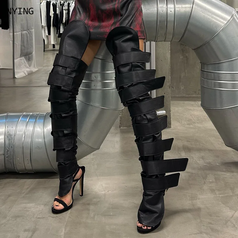 

2026 Women Buckle Black Over Knee Boots Women Sexy Punk Style Silver Belt Buckle 12cm High Heel Sandals Size 35-44