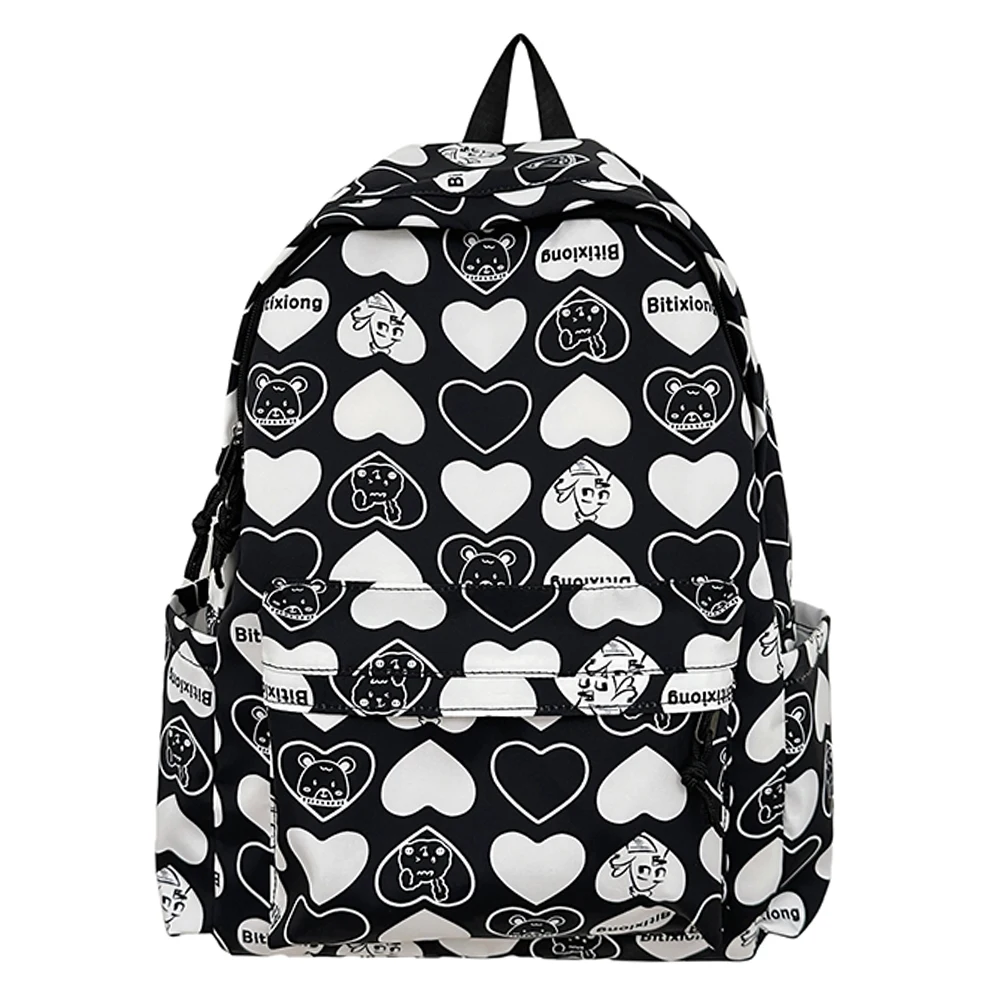 Daypack for Students Heart Pattern Shoulder Bag Nylon Adjustable Strap Large Capacity Rucksack