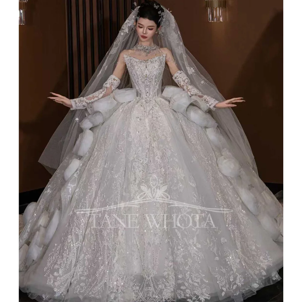 

Luxury Sweetheart Wedding Dress Long Sleeve Embroidery Sequined 3D Flower Customizable Robe De Mariée For Women