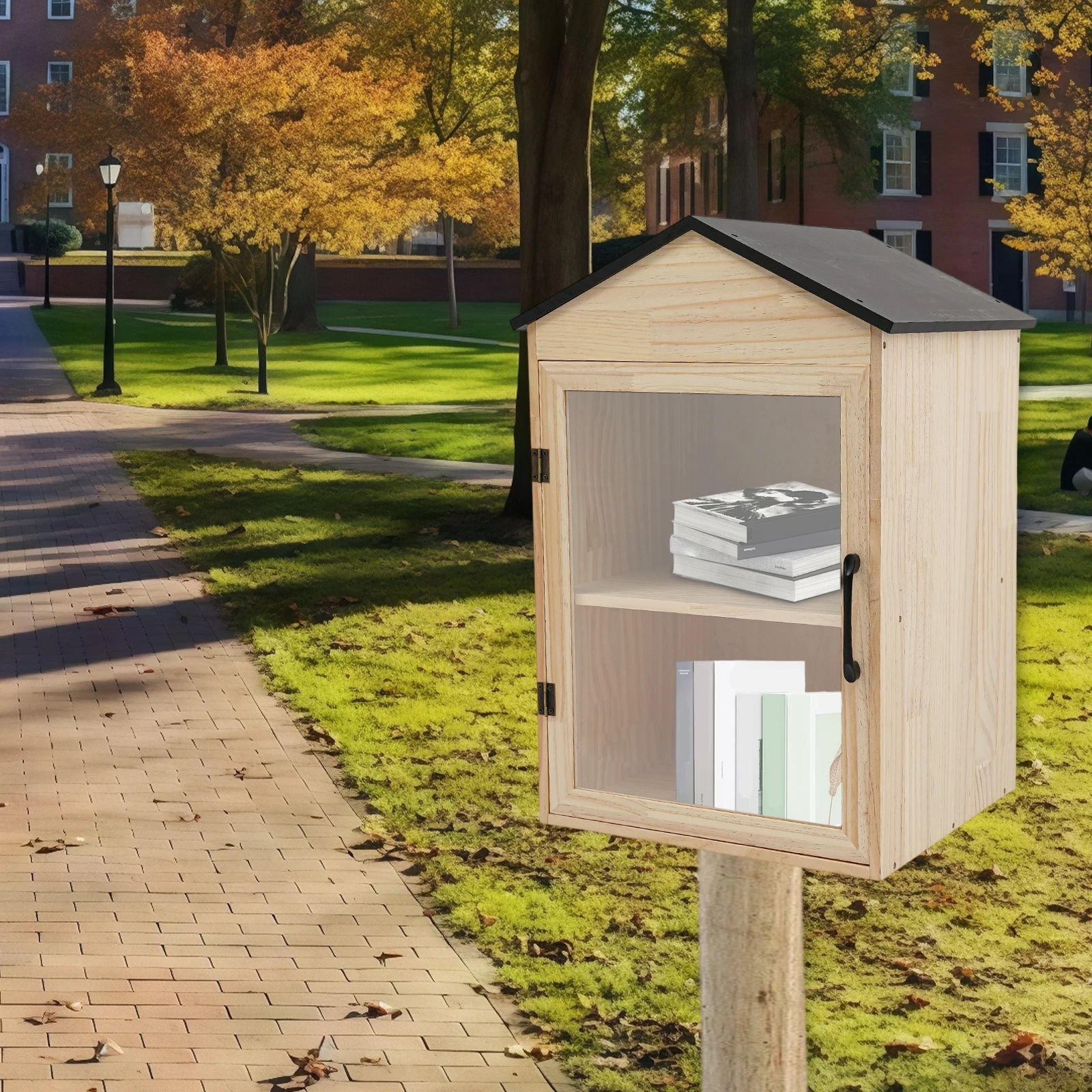 

16.1x14.56x25.4In 2-Tier Library Book Box, Pine Wood+Acrylic, Wood Color+Black, 1 Door With Clear Window(Visible&Dustproof)