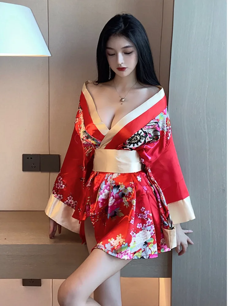 2023 Spring Women\'s New Japanese Style Kimono Uniform Waist retraction Bow printing Batwing Sleeve V-Neck low-cut Dress OO99